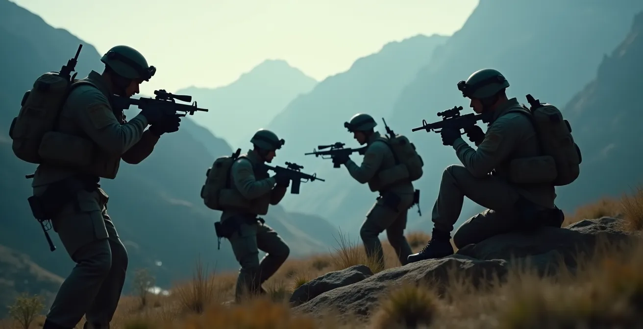 Opérateurs des forces spéciales testant équipement tactique en environnement hostile
