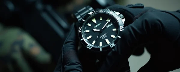 Mains d'un opérateur des forces spéciales portant une montre robuste lors d'une mission tactique