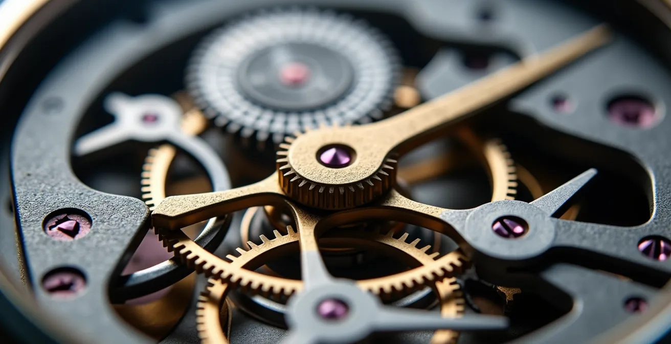 Gros plan sur les composants internes d'une montre tool watch montrant la précision mécanique